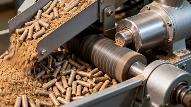 Medium shot of pellet mills compressing highprotein oilseed meal into uniform feed pellets showcasing the mechanical feeding process and pellet formation.
