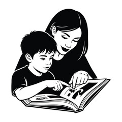 Mother and son reading a book together black and white illustration child family