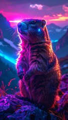 A marmot stands on rocks against a vibrant, neon-lit mountain landscape. Glowing lights accent the scene