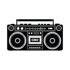 Retro boombox silhouette with cassette tape and speakers on white background radio music