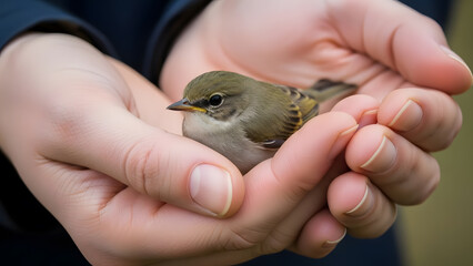 A small wild bird resting gently in human hands