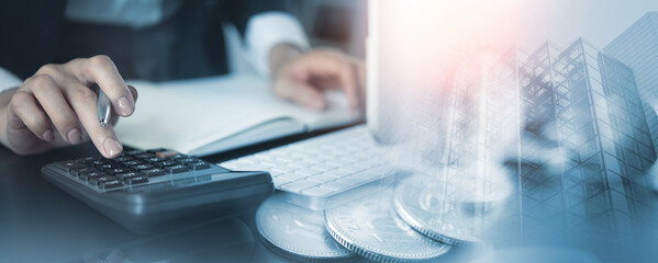 Plakat Business, finance, banking and investment concept. Business woman doing finance, tax calculation and budget planning, financial loan management, accounting company income and expense