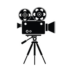 Vintage film projector on tripod silhouette isolated on white background movie cinema