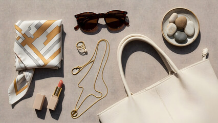 Flat lay of elegant womens fashion accessories and a handbag