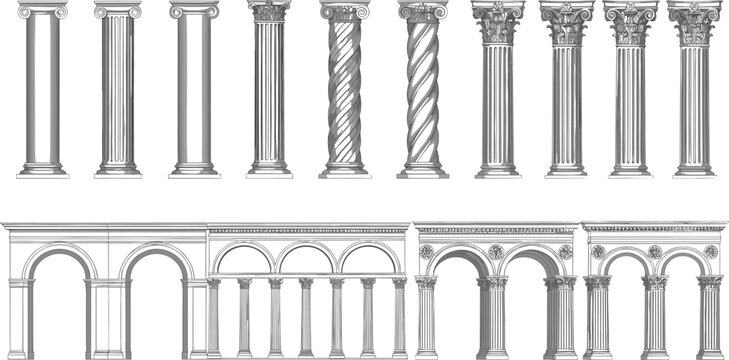 Classical architectural columns and arches icon set inspired by ancient Roman Greek styles for heritage construction design