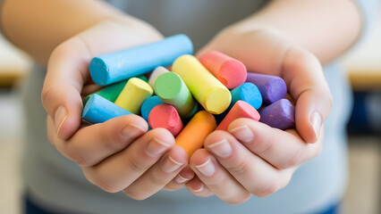 Hands holding bright and colorful chalk sticks ready for drawing