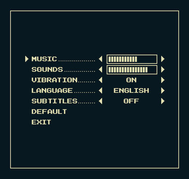 Retro pixel art game settings menu interface with music and sound sliders, vibration toggle, language and subtitles options. Classic 8-bit style UI screen for video game configuration, pause menu.