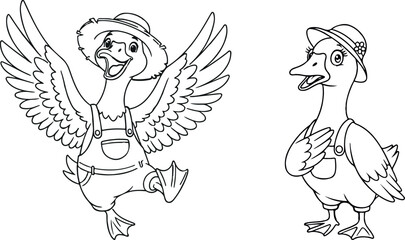 Naklejka premium Coloring Page Farmer Goose Cartoon Line Art Character Outline Kids Activity Book