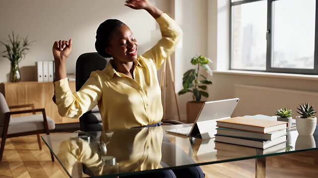 Woman stretches at her desk in office after working on laptop.