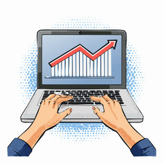 Laptop with business growth chart on screen and halftone hands typing, art collage. Finance analysis concept, market strategy.