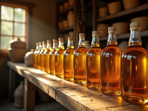Botellas de aceite de girasol reci&eacute;n extra&iacute;do alineadas sobre una mesa de madera dentro de una instalaci&oacute;n de cosecha r&uacute;stica
