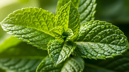 Close-up of fresh mint leaves with water droplets