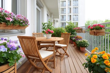 Obraz premium Balcony decorated with wooden furniture and blooming colorful flowers