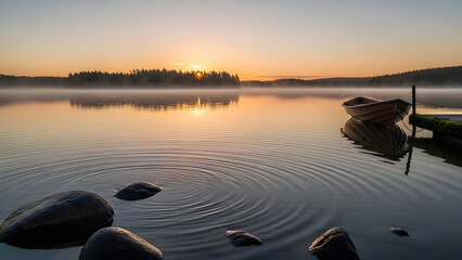 A serene misty lake at sunrise with a small rowboat