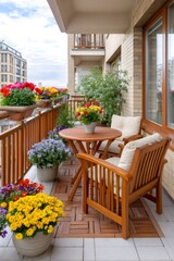 Obraz premium Urban balcony with wooden furniture and potted flowers