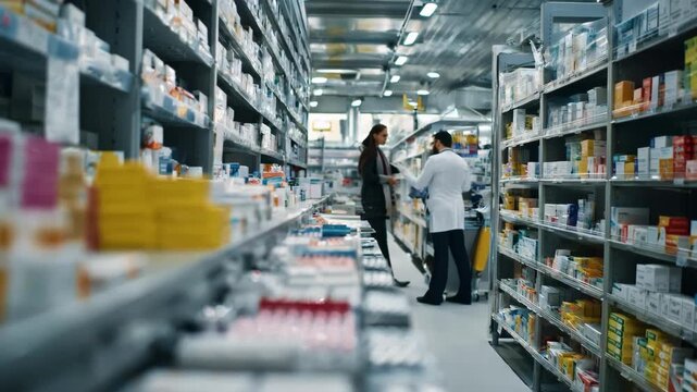 Medium shot highlighting a compact HMO pharmacy dispensing area with a busy labeling counter emphasizing organized workflow amidst a blurred backdrop of shelves and storage.