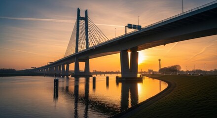 Cable-stayed bridge at sunset with cars on highway and reflections in water