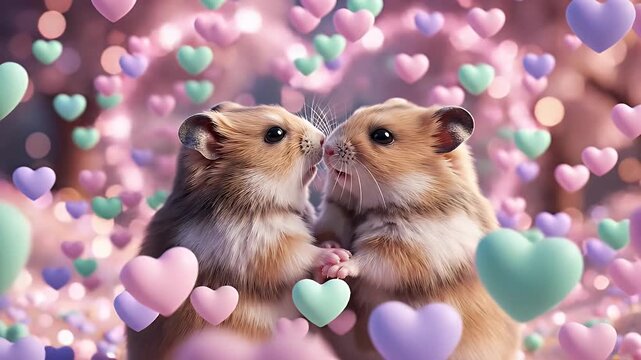 Two Hamsters Nose to Nose Surrounded by Hearts - Two hamsters stand nose to nose, as if in a loving moment.