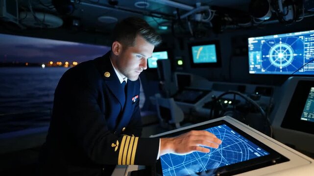 Naval officer focused on touchscreen navigation system aboard a vessel during twilight with dimmed lighting and harbor lights in the background