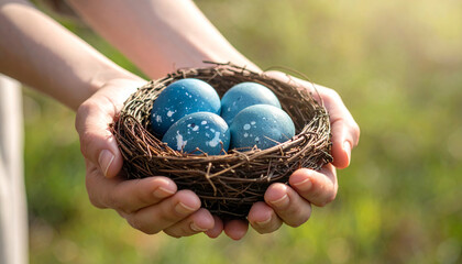 Hands holding bird nest with blue easter eggs