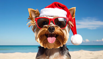 Yorkshire Terrier wearing santa hat and sunglasses on summer beach vacation