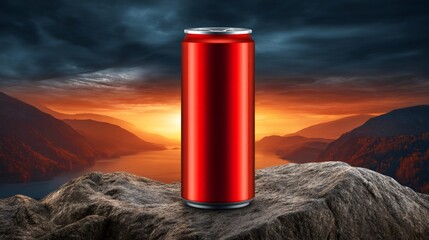 Obraz premium Red aluminum can product mockup on mountain sunset