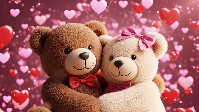 Teddy Bear Love - A brown and white teddy bear couple hugging in front of a pink background filled with floating hearts. The bears are wearing red and pink bow ties and a pink bow.