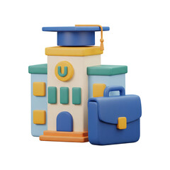 3D Cartoon University Building with Graduation Cap and Briefcase