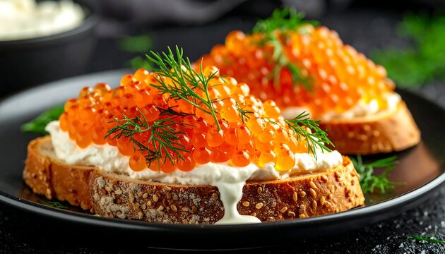 Elegant Toast with Pink Lumpfish Roe (Stenhuggerrogn), Cr&egrave;me Fra&icirc;che and Dill