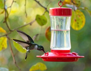 Obraz premium A tiny, vibrant bird hovers near a red and clear feeder, drinking fluid with wings outstretched. Leaves and blurred greenery are in the background
