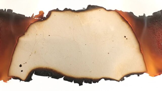A burning, aged sheet of paper with charred edges against a white backdrop, flames visible