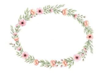 Fototapeta premium Watercolor floral wreath frame with soft pink and peach blossoms and green foliage forming an oval shape for invitations or greeting cards