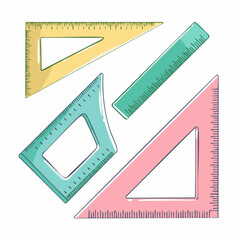 Colorful rulers set. Short and long rulers, triangular and protractor doodle icons, school geometry tools, stationery clip art. 