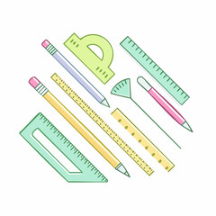 Colorful rulers set. Short and long rulers, triangular and protractor doodle icons, school geometry tools, stationery clip art. 