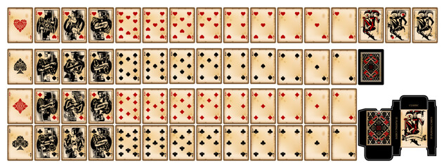 A full deck (55) of playing cards (88x63 mm) in vintage engraving style on grunge old shabby yellowed paper background with a brown frame and box, design isolated on white. Vector illustration © Raman Maisei