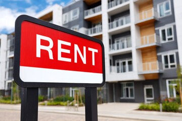 Obraz premium Rent sign standing in front of modern apartment building