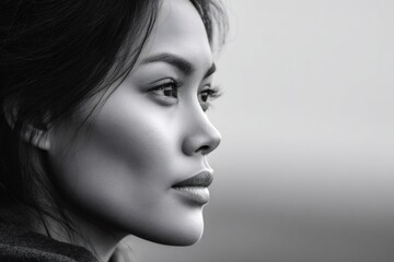 Fototapeta premium Asian woman profile contemplating future in black and white