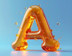 A translucent, glowing letter A, filled with bubbles, against a soft, gradient blue background. The amber form is smooth