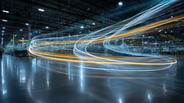 Futuristic factory interior with dynamic light trails and industrial machinery.