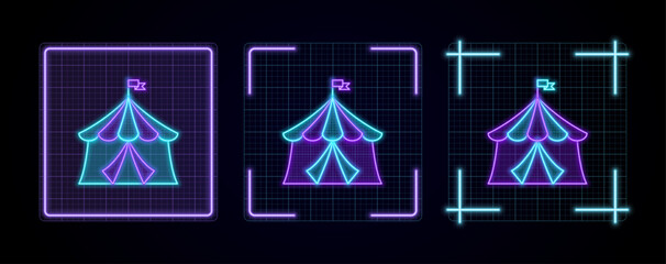 Circus icon illustration, cyber neon visual, glowing border grid vector.