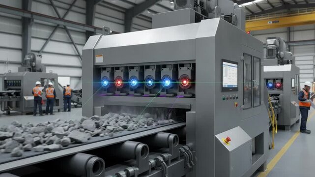 Medium shot of an optical automated ore sorter analyzing minerals with advanced camera sensors for precise and rapid separation in a modern mining facility.