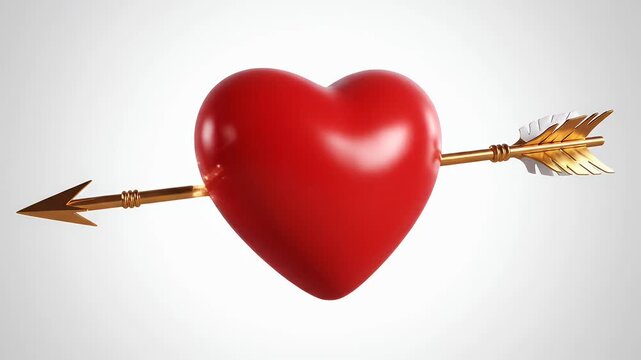 Heart Pierced by Arrow - A 3D video of a red heart shape being pierced by a golden arrow is shown. The arrow passes completely through the heart against a white background.