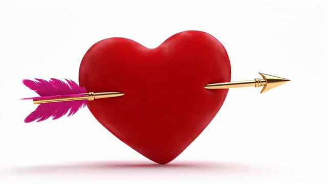 Heart pierced by golden arrow - A red heart has been pierced by a golden arrow. The arrow has pink feathers, suggesting love and affection.