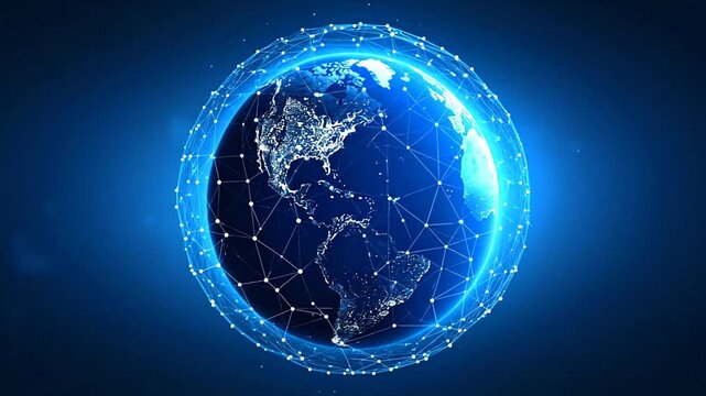 A 3D rendered image of Earth with a mesh of connected dots, representing a global network