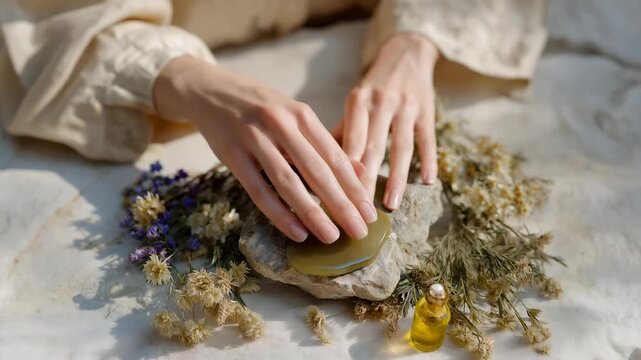 A gua sha routine captured from above, with oils, candles, and dried flowers arranged around the stone in a calming flat lay composition &mdash; visual skincare storytelling, mindful rituals, and