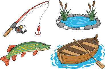 Freshwater Fishing Equipment Vector Set Rod, Lure, Rowboat, and Reeds