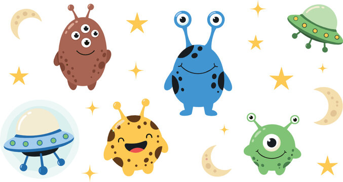 Cute alien monster characters with UFOs, stars, and moons in colorful kawaii cartoon style for kids, stickers, and vector illustrations