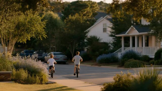 A quiet suburban street at golden hour with kids riding bikes past manicured lawns, warm sunlight reflecting off parked cars and tidy front porches &mdash; peaceful neighborhood living, family-friendly