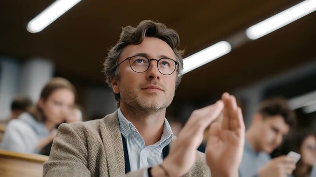 A professor using live polls during a lecture, students responding on smartphones, demonstrating active learning and educational technology integration. cinematic color correction, natural uneven