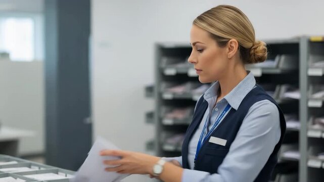 Office worker sorting documents and mail in corporate workplace